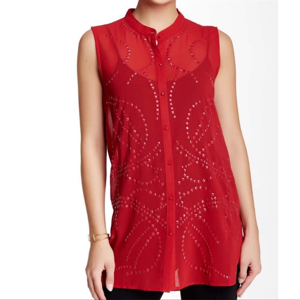 Vertigo Red studded sleeveless blouse semi sheer button down size small - Picture 4 of 13